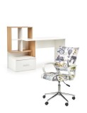 Set birou cu spatii depozitare HM Grosso, rafturi, sertar, PAL melaminat, 149x50x105 cm, stejar auriu/alb si scaun copii HM Ibis Paris, Ergonomic, Cad