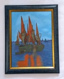 Pictura in ulei pe panza, &#039;&#039;Veliere ancorate&#039;&#039; 48x38 cm cu rama din lemn