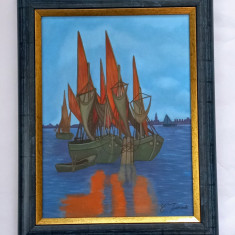 Pictura in ulei pe panza, ''Veliere ancorate'' 48x38 cm cu rama din lemn