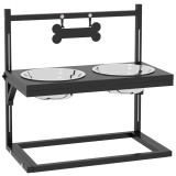 PawHut Boluri pentru C&acirc;ini cu &Icirc;nălțime Reglabilă și Plăcuță de Identificare, 2 Boluri din Oțel pentru Apă și M&acirc;ncare, 40.5x22x39 cm, Negru