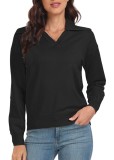 Tricou de damă cu guler &icirc;n V, m&acirc;neci lungi, tricotat, cu guler rever &ndash; Negru S