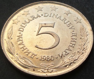 Moneda 5 DINARI / DINARA - RSF YUGOSLAVIA, anul 1980 *cod 1550 A.UNC LUCIU PETE foto