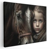 Tablou canvas portret fetita cu cal, maro, crem, alb 1126 Tablou canvas pe panza CU RAMA 80x120 cm
