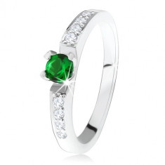 Inel de logodnă argint 925, ştras rotund, verde, linii de zirconiu transparent - Marime inel: 51