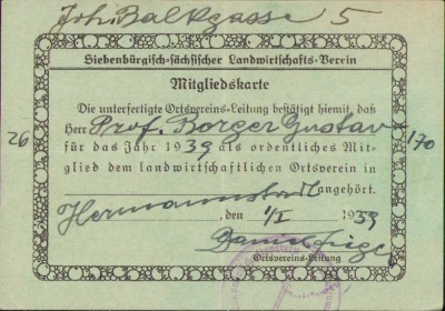 HST A1888 Carte membru Siebenburgisch-sachsischer Landwirtschafts-Verein Sibiu foto