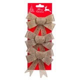 Set Ornamente Pom Crăciun, Fundițe, Bej, In, Glitter, 12x13cm, 3 Bucăți, Oem