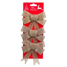 Set Ornamente Pom Crăciun, Fundițe, Bej, In, Glitter, 12x13cm, 3 Bucăți