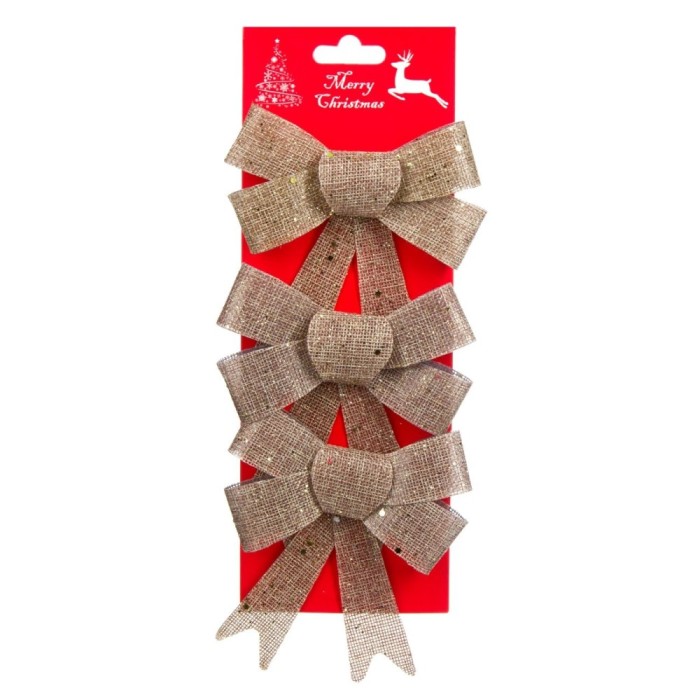 Set Ornamente Pom Crăciun, Fundițe, Bej, In, Glitter, 12x13cm, 3 Bucăți