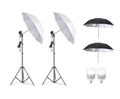 Kit de 4 umbrele alb-negru, 2 trepiezi reglabili 200 cm, 2 becuri LED 25W foto