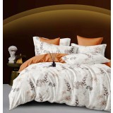 Lenjerie pat dublu,bumbac finet,6 piese,cearceaf cu elastic,alba caramiziu cu flori-A972