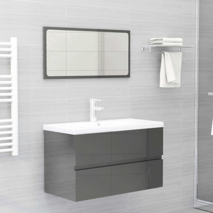 Set mobilier de baie, gri extralucios, lemn prelucrat