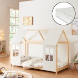 Pat casuta copii cu saltea design semideschis Tostedt 90x200 cm efect lemn alb [en.casa] HausGarden Leisure