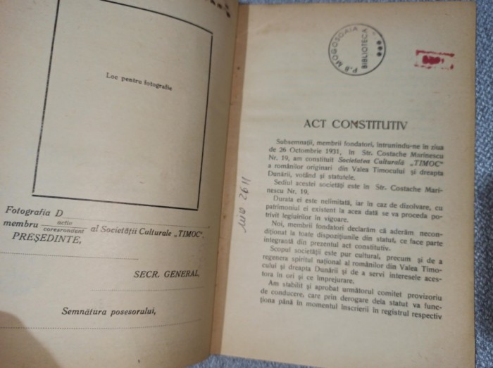Soc. Culturale ,, Timoc&#039;&#039; A romanilor din Valea Timocului si Dreapta Dunarii, Statutul si Regulamentul, 1937