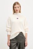 Tommy Jeans pulover de bumbac culoarea bej, cu turtleneck, DW0DW21676