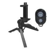 Mini trepied stativ pentru telefon cu suport smartphone reglabil si telecomanda Bluetooth, prindere prin surub 10 cm, montura 1 4 inch, ABS negru, pen