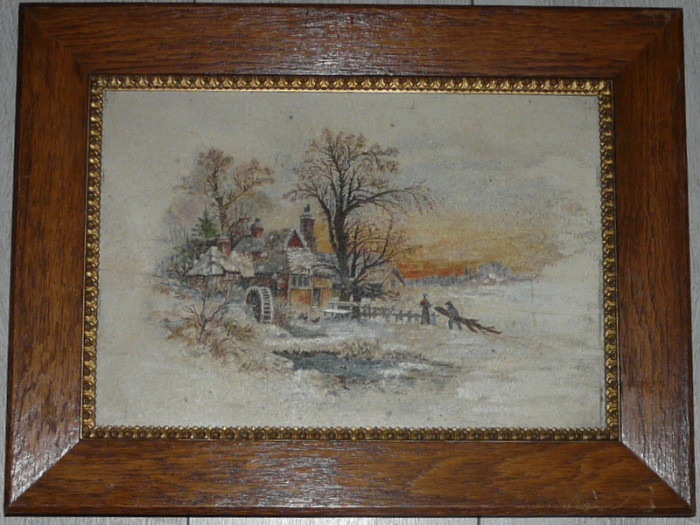 tablou peisaj de iarna La moara din sat cu rama deosebita,veche,masiva,vintage