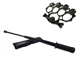 Cumpara ieftin Set Autoaparare: Baston Telescopic Negru 47cm + Box Rozeta Craniu. Otel, Husa Curea, Compact 20cm