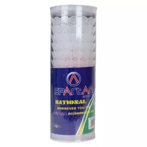 Set 10 fluturasi badminton SPARTAN, albi cu varf rosu, in cutie de plastic