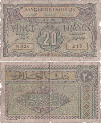 1948 ( 4 VI ) , 20 francs ( P-103 ) - Algeria foto