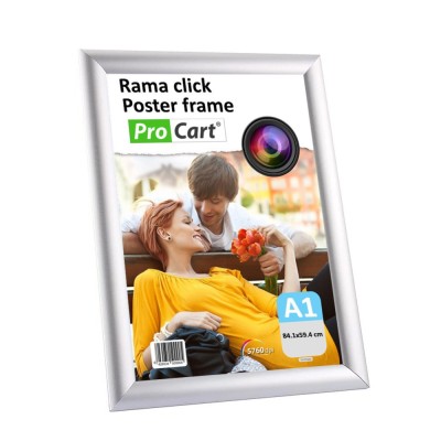 Rama click aluminiu format A1, afisare mesaje publicitare si afise de dimensiuni mari, fixare pe perete, argintie foto