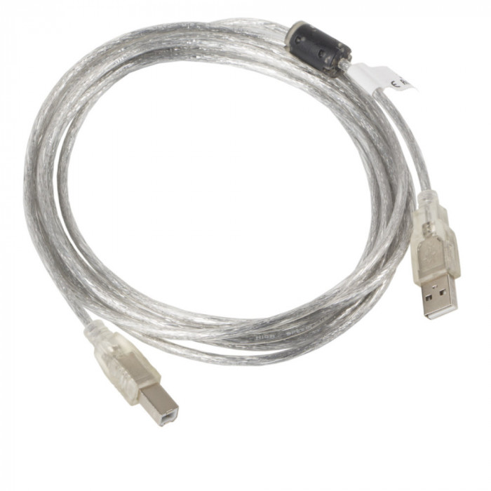 Cablu USB 2.0 pentru imprimanta, Lanberg 41356, lungime 3m, cu ferita, USB-A tata la USB B tata, transparent