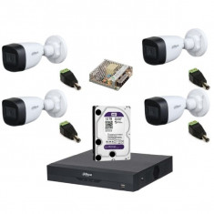 KIT supraveghere 4 camere basic 5 MP, IR 30 M, lentila fixa de 2.8, DVR 4 canale Dahua cu Wizsense, inteligenta artificiala, HDD 1TB, cablu UTP 100m i