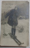 Carte postala,Felicitare de an nou, tanara pe schiuri, perioada interbelica
