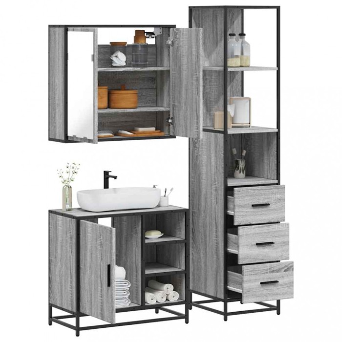 vidaXL Set mobilier de baie, 3 piese, gri sonoma, lemn prelucrat 3301148