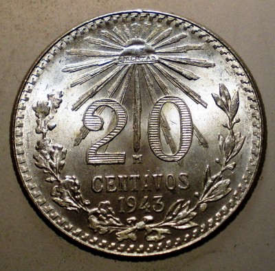 C.073 MEXIC 20 CENTAVOS 1943 ARGINT AUNC foto