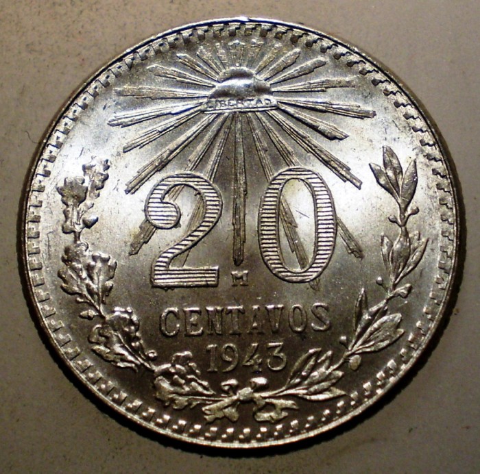 C.073 MEXIC 20 CENTAVOS 1943 ARGINT AUNC