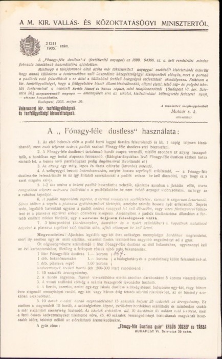 A245 Reclamă, 1914, pentru aparat de curățat praf Fonagy-fele dustless, Becicherecu Mare, limba maghiară