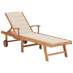vidaXL Șezlong cu pernă crem, lemn masiv de tec 3063008