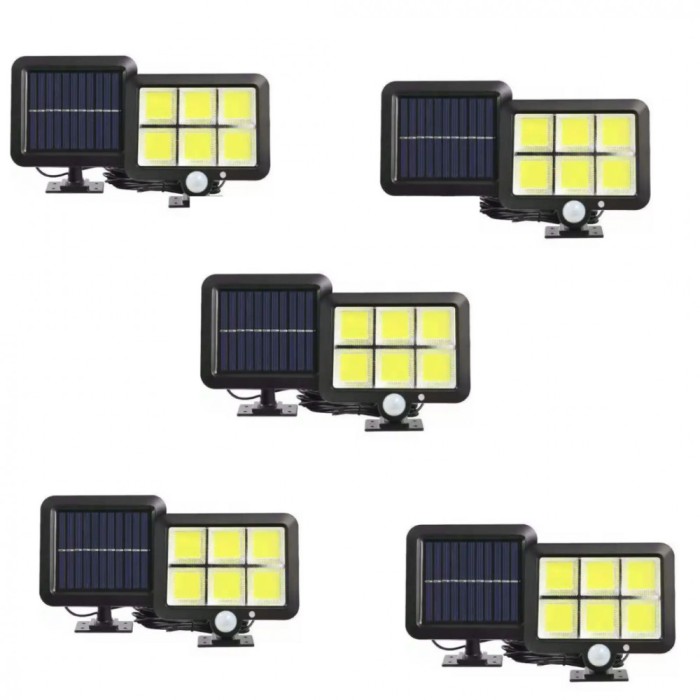 Комплект 5 соларни лампи 120 LED, 40W, Сензор за движение, Кабел 5 метра, Автономност 8ч.