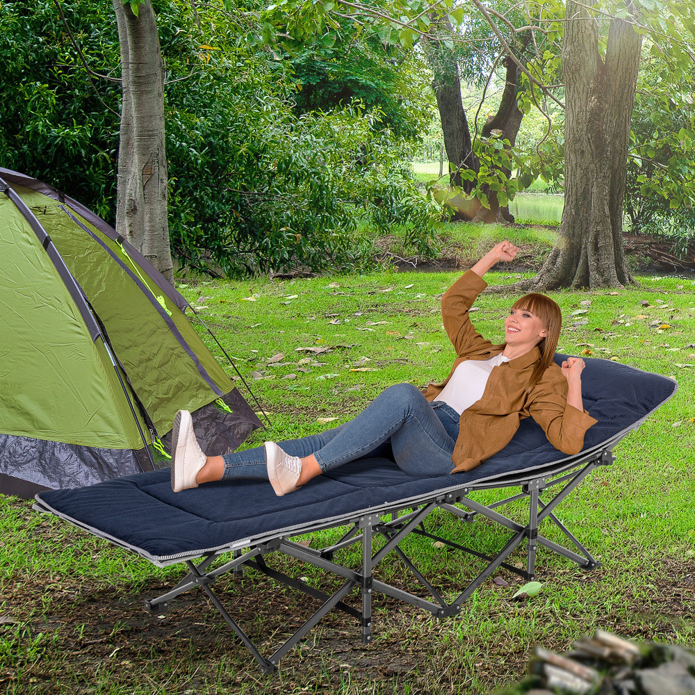Outsunny Pat pliabil de camping pentru adulti, pat pliabil cu saltea, perna  si husa de transport, 188x64.5x53cm, albastru | Okazii.ro
