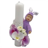 Lumanare Botez EVENTISSIMI - Orhidee si bujori cu Somnoros din plus, 30 cm, Alb Mov, Eventissimi&reg;