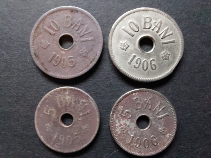Lot monede 10 bani 1905,10 bani 1906, 5 bani 1905, 5 bani 1906 Romania.
