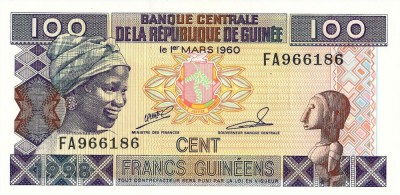 GUINEA █ bancnota █ 100 Francs █ 1998 █ P-35a █ UNC █ necirculata foto