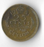 Moneda 25 cents 1951 - Ceylon, Asia, Bronz-Aluminiu