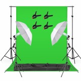 Cumpara ieftin Set studio foto video cu fundal verde chroma key, 2 becuri fluorescente 150W 5500K, 2 umbrele difuzie, suport reglabil 200 cm, 4 cleme si geanta trans
