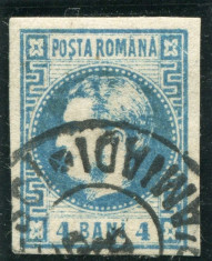 1868 , Lp 23 a , Carol I 4 Bani albastru deschis - stampilat foto