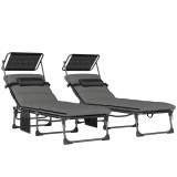 Outsunny Set de 2 șezlonguri pliante cu copertină, șezlonguri &icirc;nclinabile cu pernă, buzunar lateral și m&acirc;ner de transport, gri &icirc;nchis | Aosom Romania