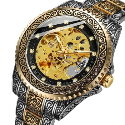 Ceas barbatesc de mana Forsining Mecanic Automatic Skeleton Analog Argintiu Auriu foto