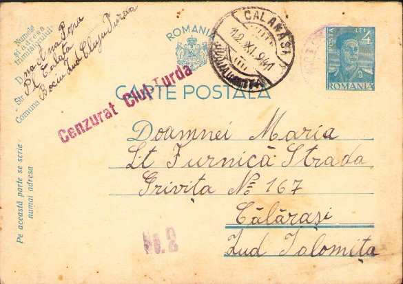 HST CP389 Carte poștală cu ștampila Cenzurat Cluj-Turda, 1941