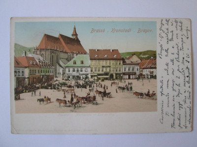 Rara! Carte postala Brasov-Loc de targ/Piața Sfatului circulata 1901 foto