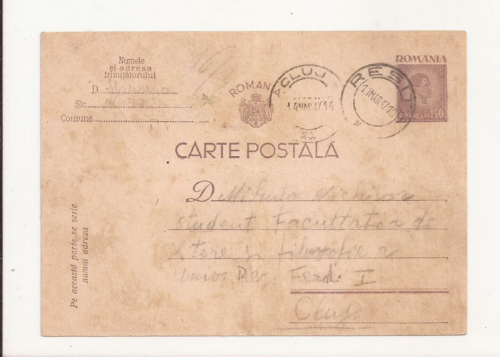 R1 Romania - Carte postala ,Cluj-Resita, circulata 1947