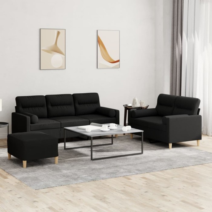 vidaXL Set de canapele cu perne, 3 piese, negru, textil 3201628