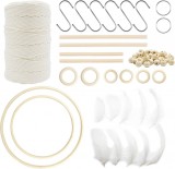Set de creatie cu fir macrame inele si margele LLGLEU, bumbac/ lemn/pene, bej/alb, 80 piese