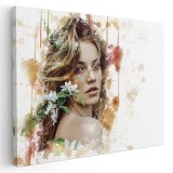 Tablou canvas portret femeie cu flori multicolor 1208 Tablou canvas pe panza CU RAMA 80x120 cm
