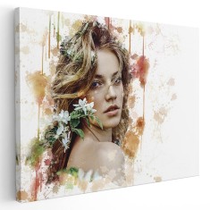 Tablou canvas portret femeie cu flori multicolor 1208 Tablou canvas pe panza CU RAMA 20x30 cm