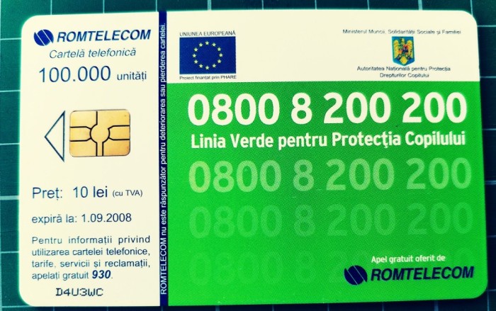 Cartela telefonica Romtelecom 10 lei Abstract Linia Verde pentru Protectia Copilului D4U3WC 100.000 unitati expira 01.09.2008